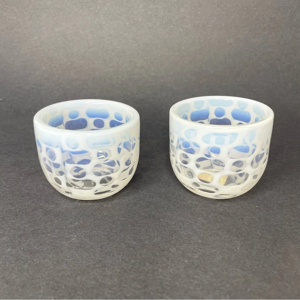 Pair of Crate & Barrel Art Glass Moonstone Lacy Votive Candle Holders 2 1/4